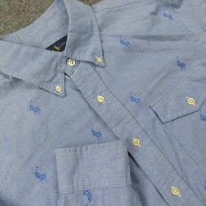 Ralph Lauren Shirt Mens Medium Blue with All‎ Over Pony Logo Oxford Flap Pocket